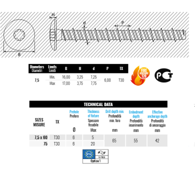 схема на  продукт Винт за бетон с лещовидна глава Т30 М7,5х75 thumb